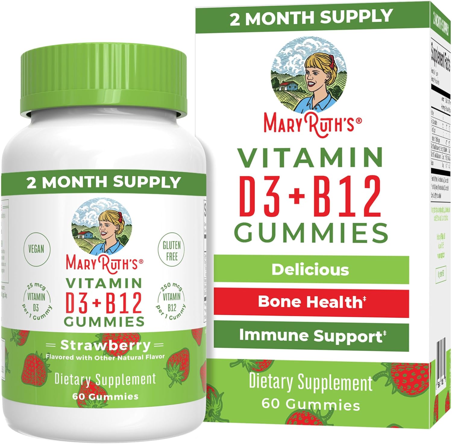 MaryRuth Organics Vegan Vitamin D3 and B12 Strawberry Gummies front view bottle for daily health support