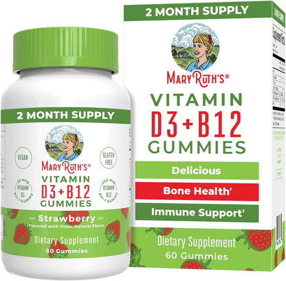 MaryRuth Organics Vegan Vitamin D3 and B12 Strawberry Gummies front view bottle for daily health support
