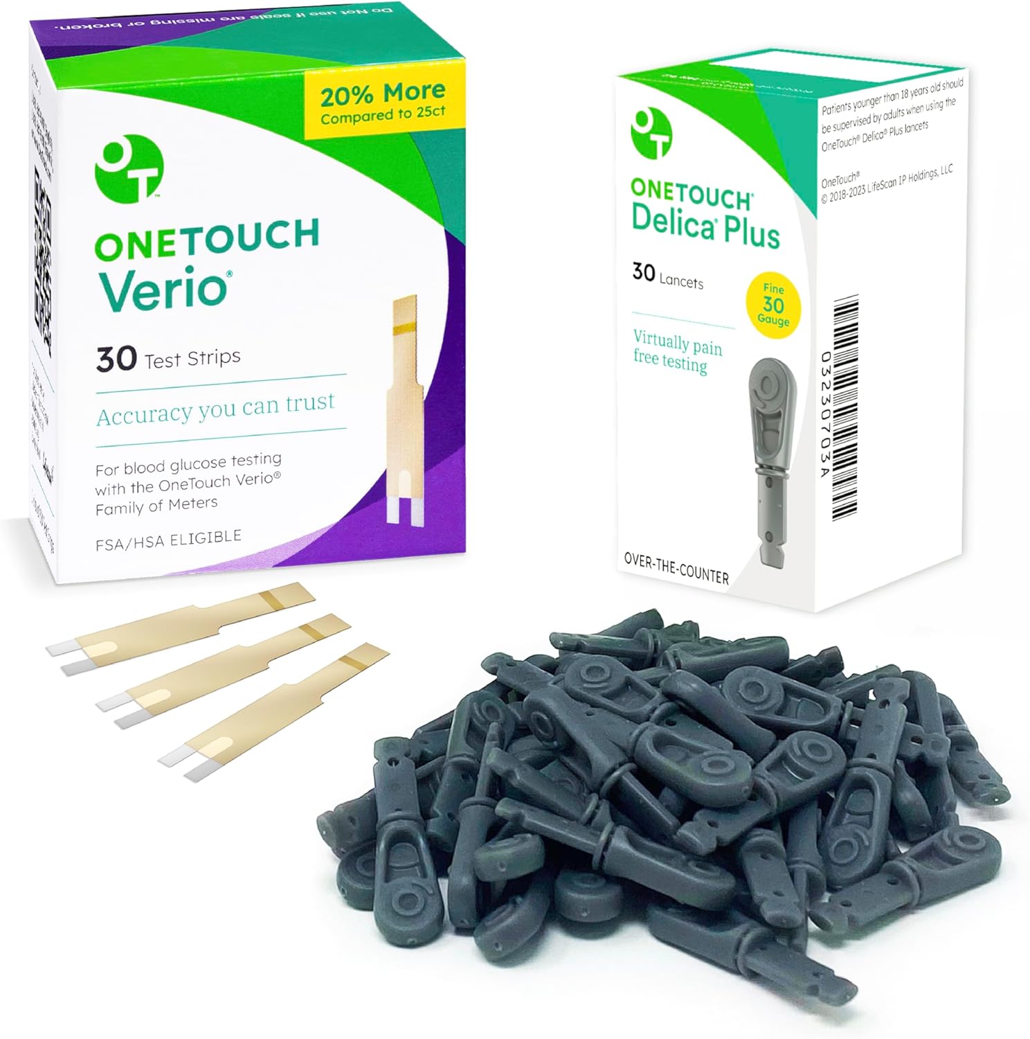 OneTouch Delica Plus Lancets and Verio Test Strips Bundle packaging front view for diabetic supply management.