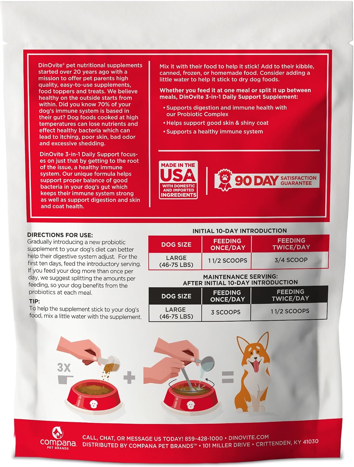 Dinovite daily digestive health and skin support powder label showing the 90 servings info.