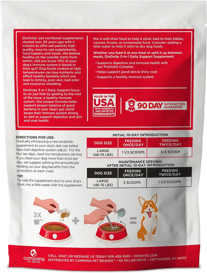 Dinovite daily digestive health and skin support powder label showing the 90 servings info.
