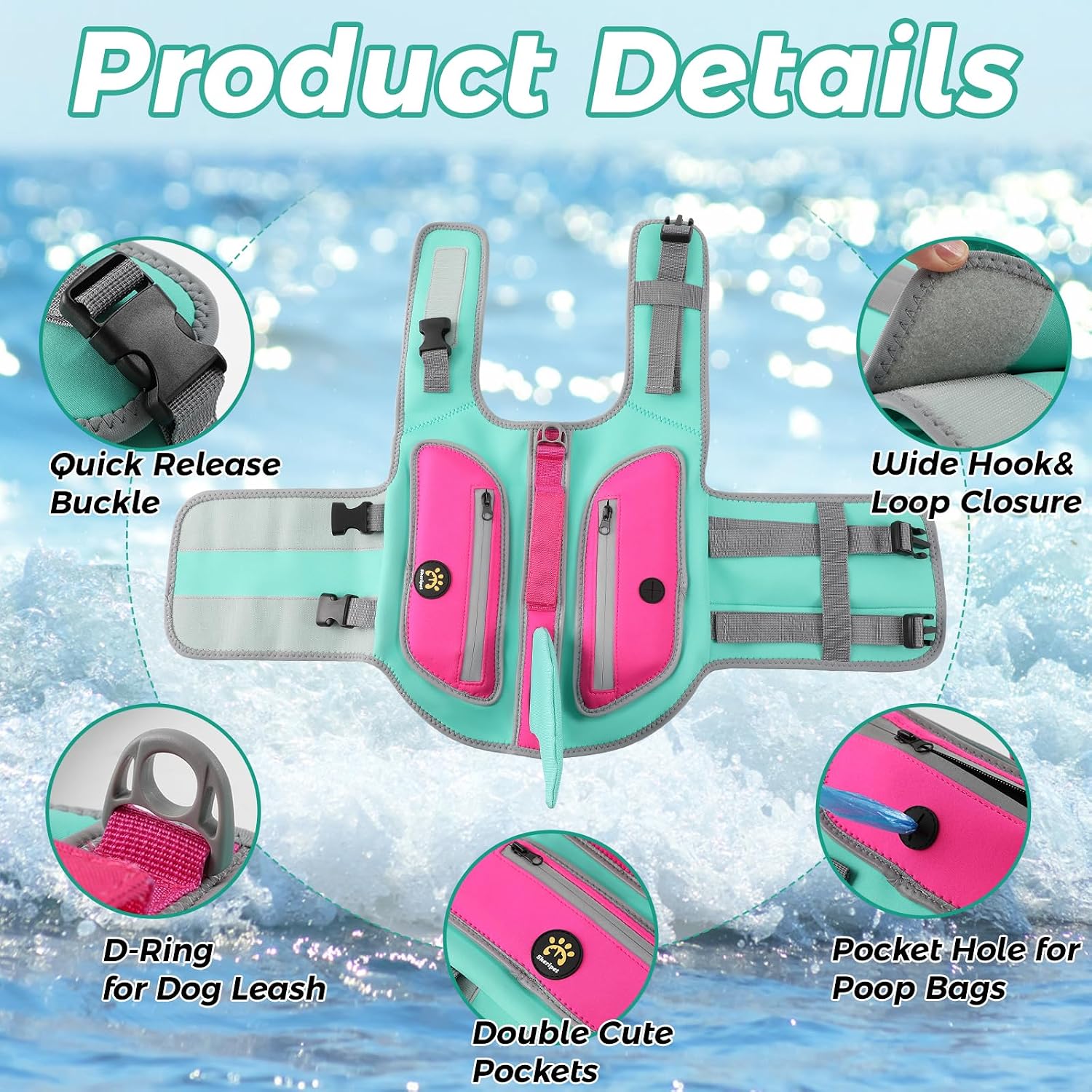Side view of extra small turquoise pet flotation vest highlighting the cute side pockets and poop bag dispenser hole.