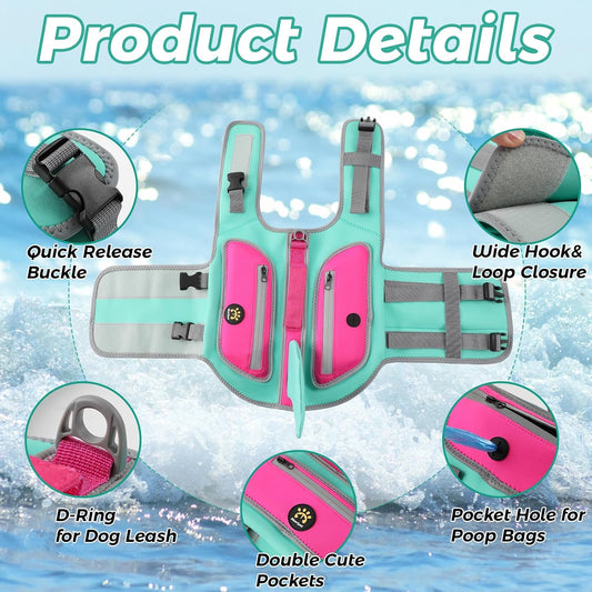 Side view of extra small turquoise pet flotation vest highlighting the cute side pockets and poop bag dispenser hole.