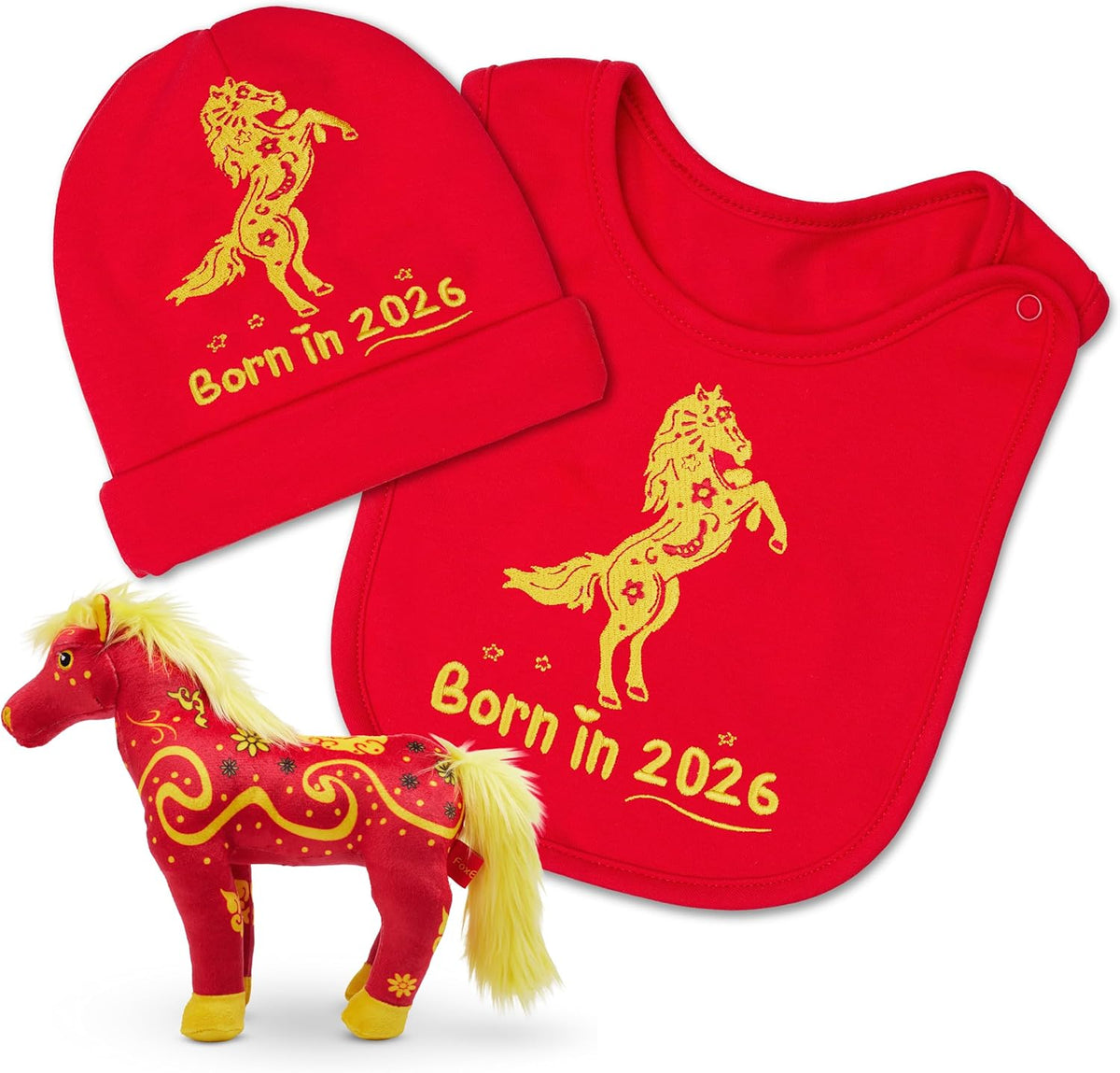FoxE Year of the Horse gift set featuring bib, beanie, and plush toy.