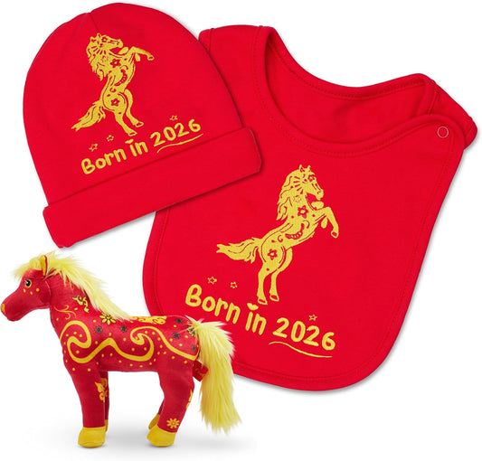 FoxE Year of the Horse gift set featuring bib, beanie, and plush toy.