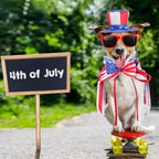 Medium sized dog posing comfortably in a USA imported pet costume