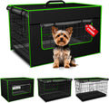 Bethshaya dog crate cover front view showing black heavy duty fabric on wire cage