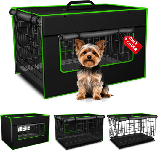 Bethshaya dog crate cover front view showing black heavy duty fabric on wire cage