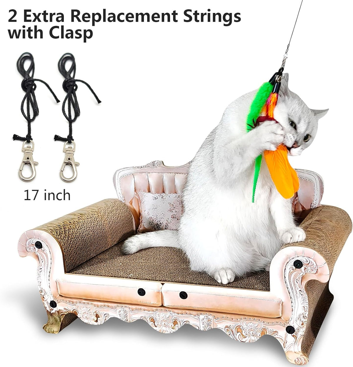 Lifelike plush bird attachment with natural long tail feathers and small bell for acoustic stimulation.