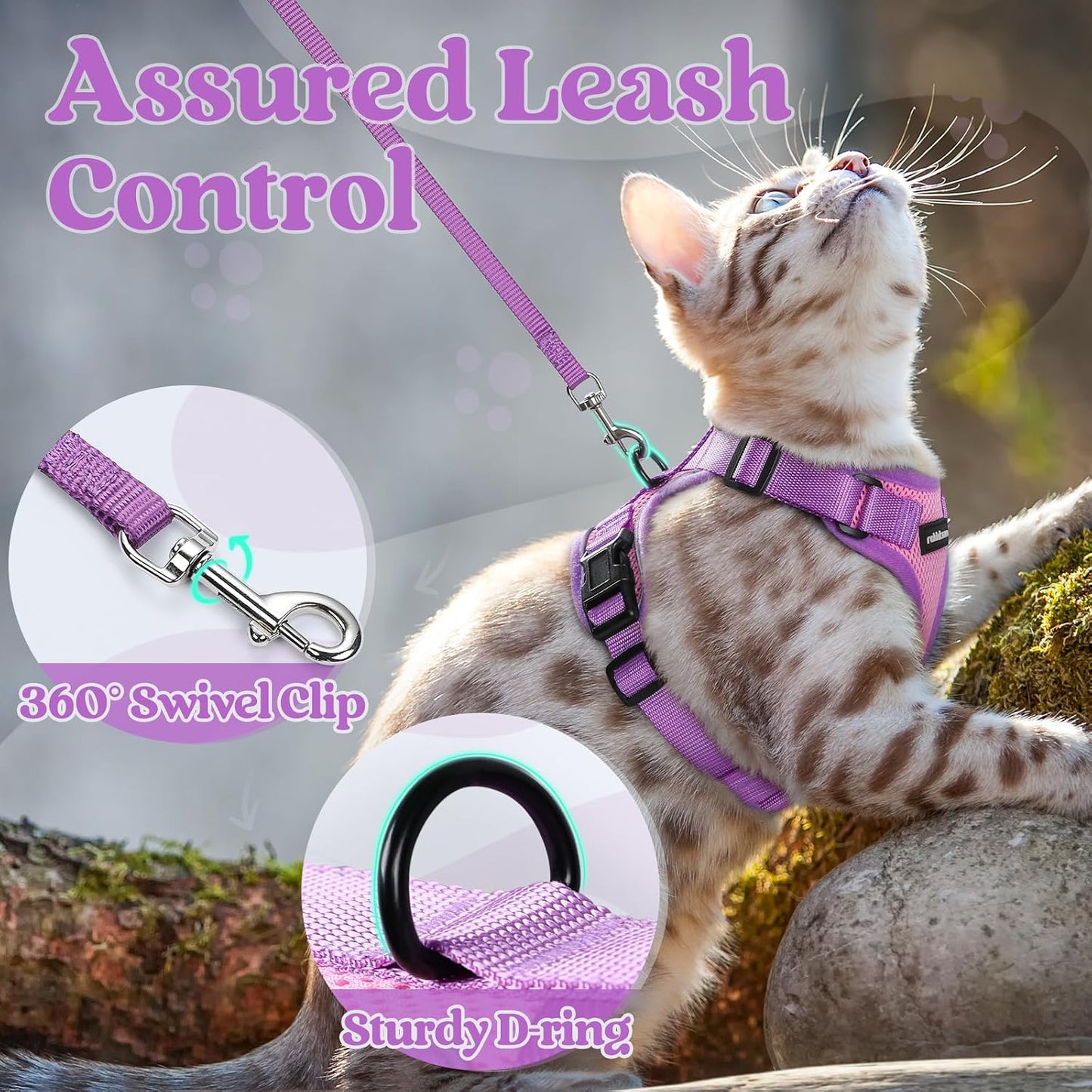 Back view of Rabbitgoo cat harness showing sturdy metal D ring and leash attachment