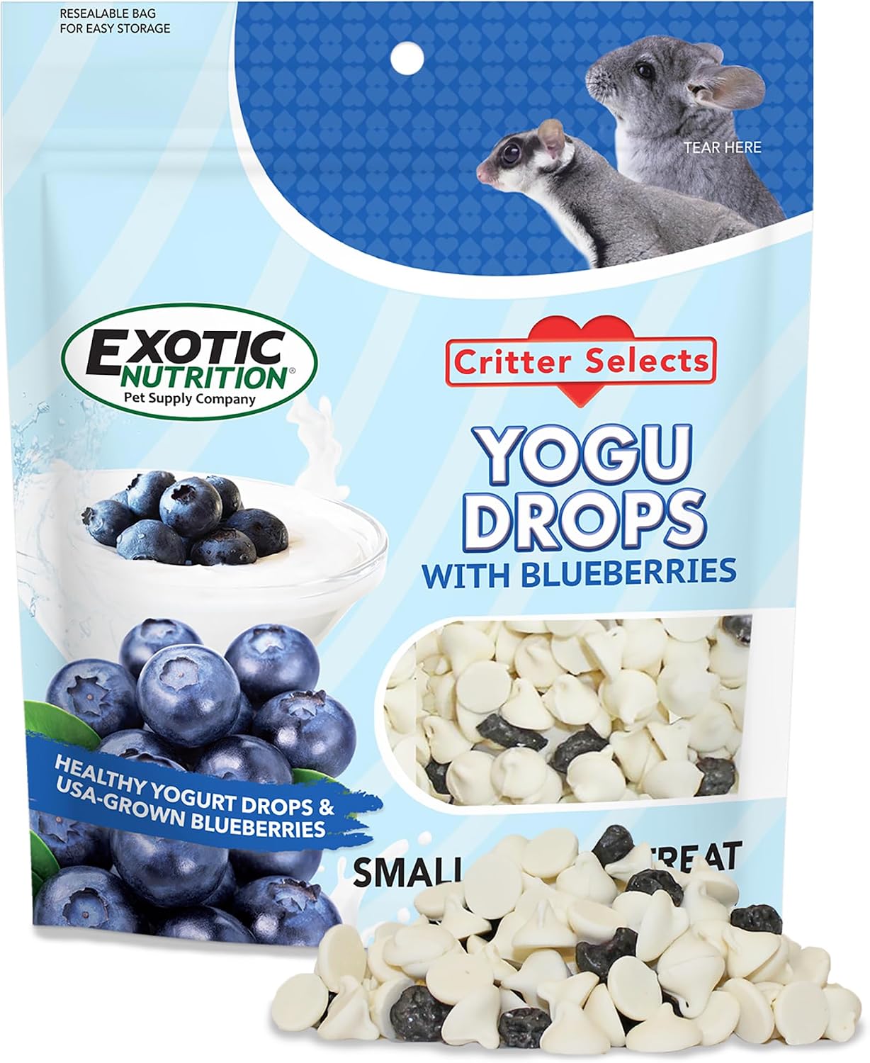 Exotic Nutrition Yogu Drops with Blueberry front view of the packaging showing healthy small pet treats.
