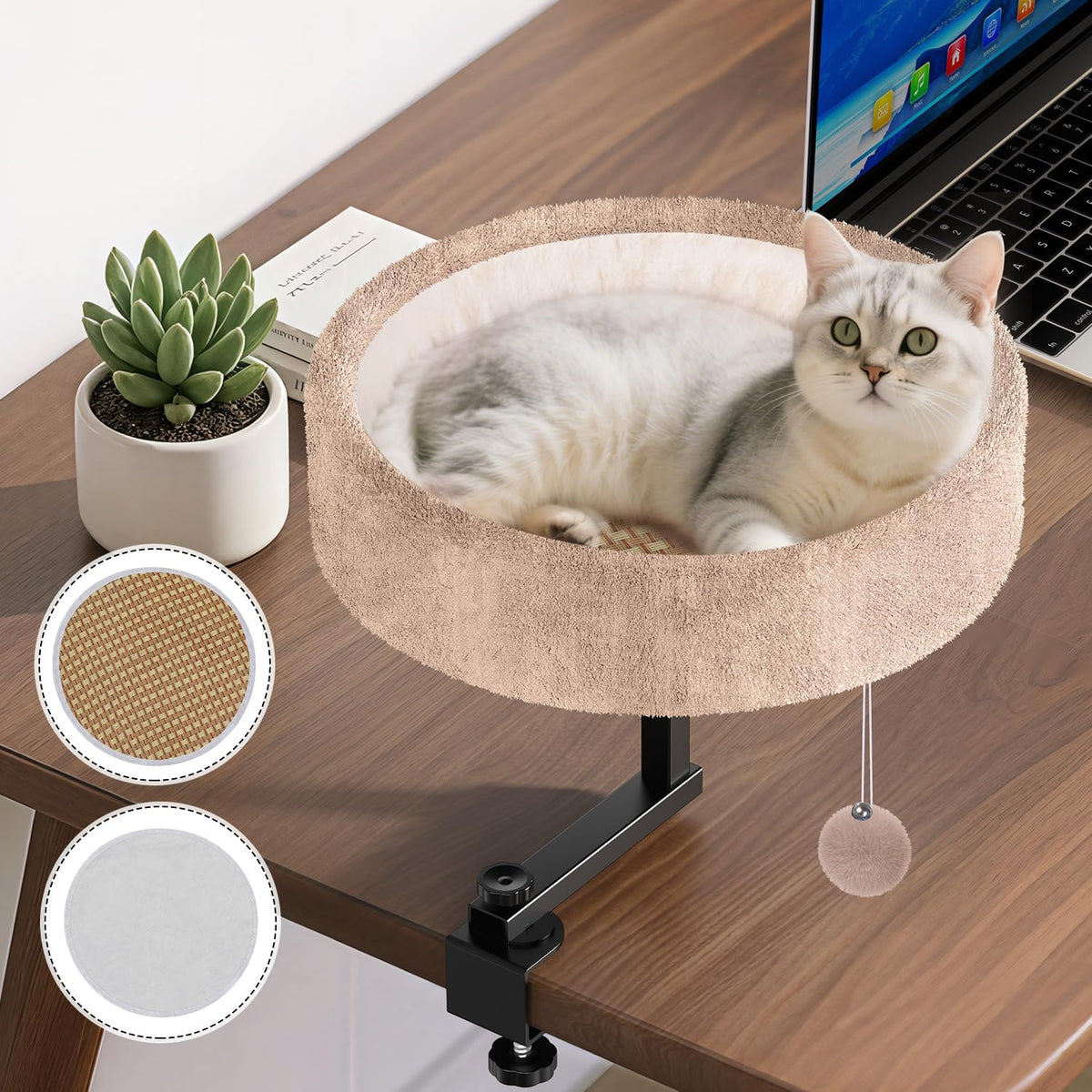 Chumajor Cat Desk Bed - 360 degrees Rotating & Adjustable, Supports 50 lbs, Soft Faux Fur with Dual-Sided Reversible Mat, Modern Indoor Cat Nest Furniture for Office Desks and Game Tables, Island Table - Image 10