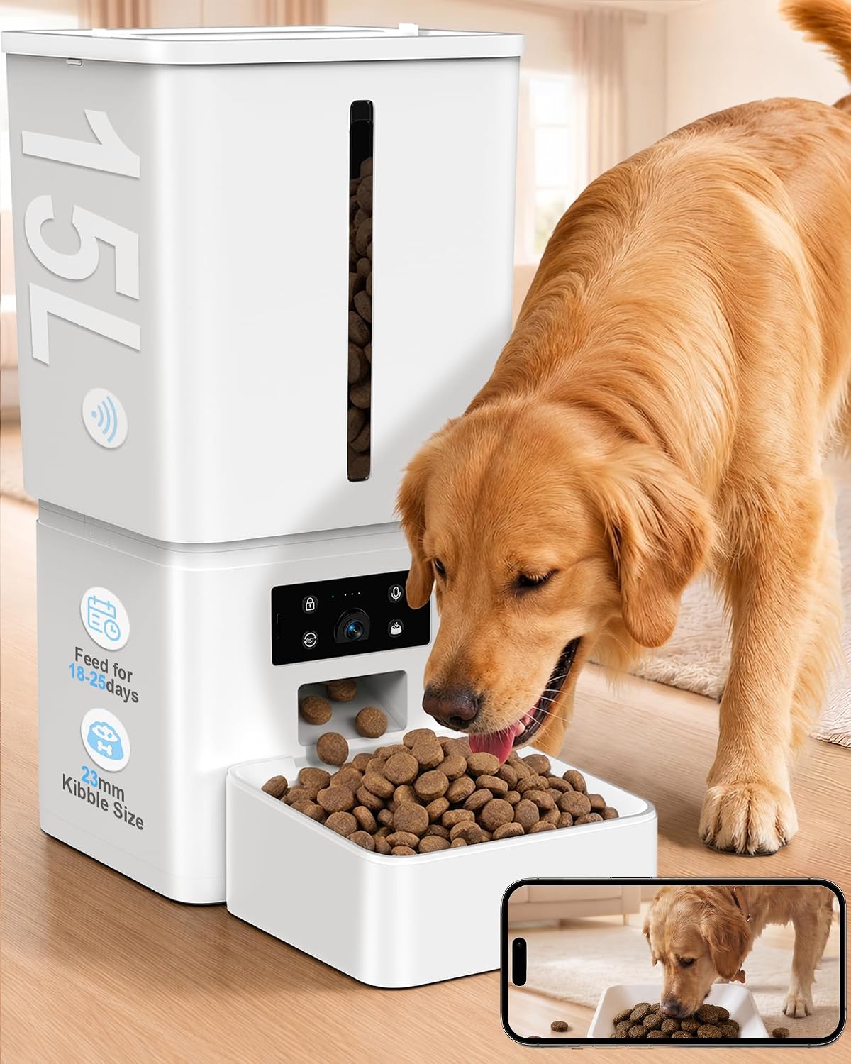 Gwozn automatic dog feeder front view showing fifteen liter storage tank and wide stainless steel bowl
