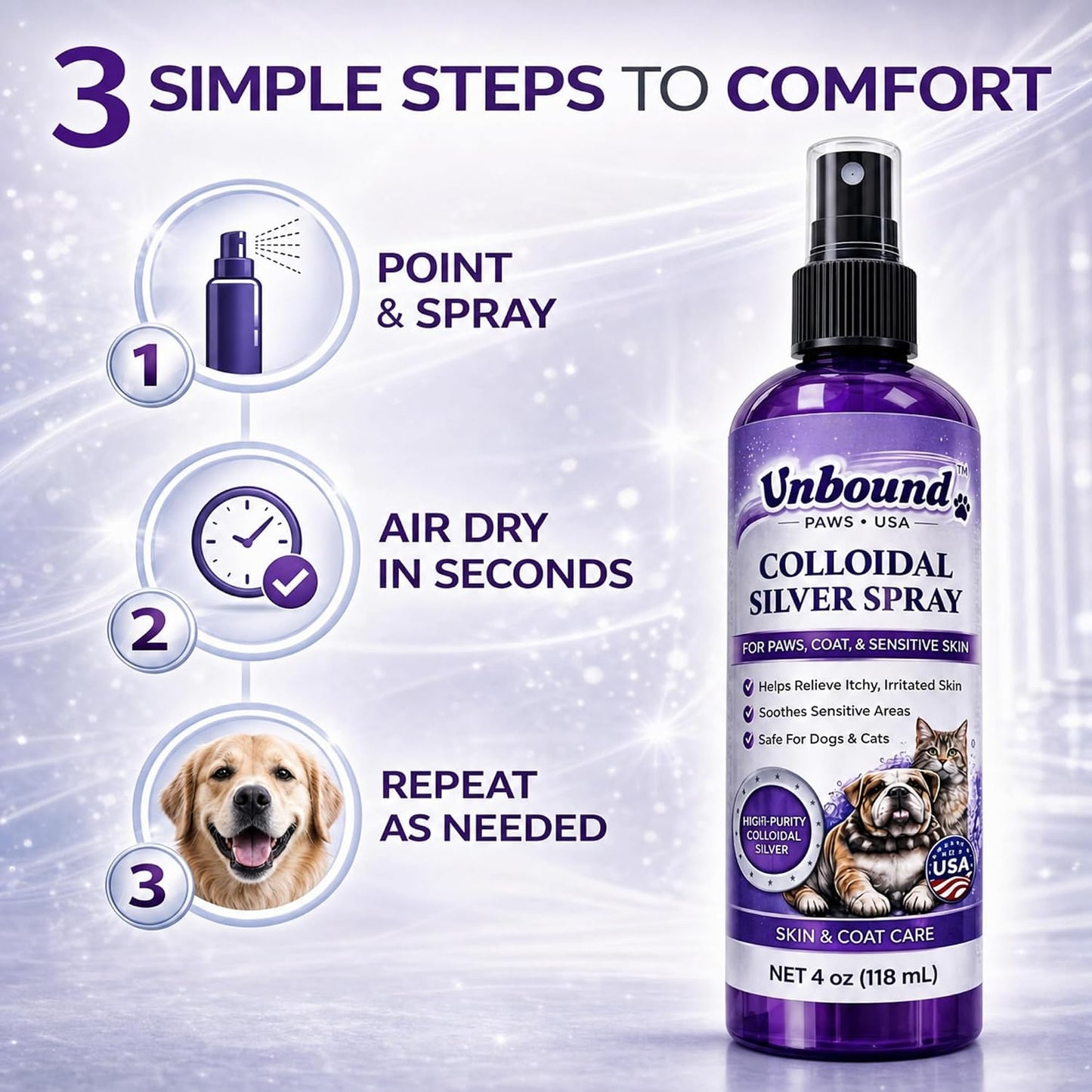 Colloidal silver liquid spray for domestic dogs and cats topical application