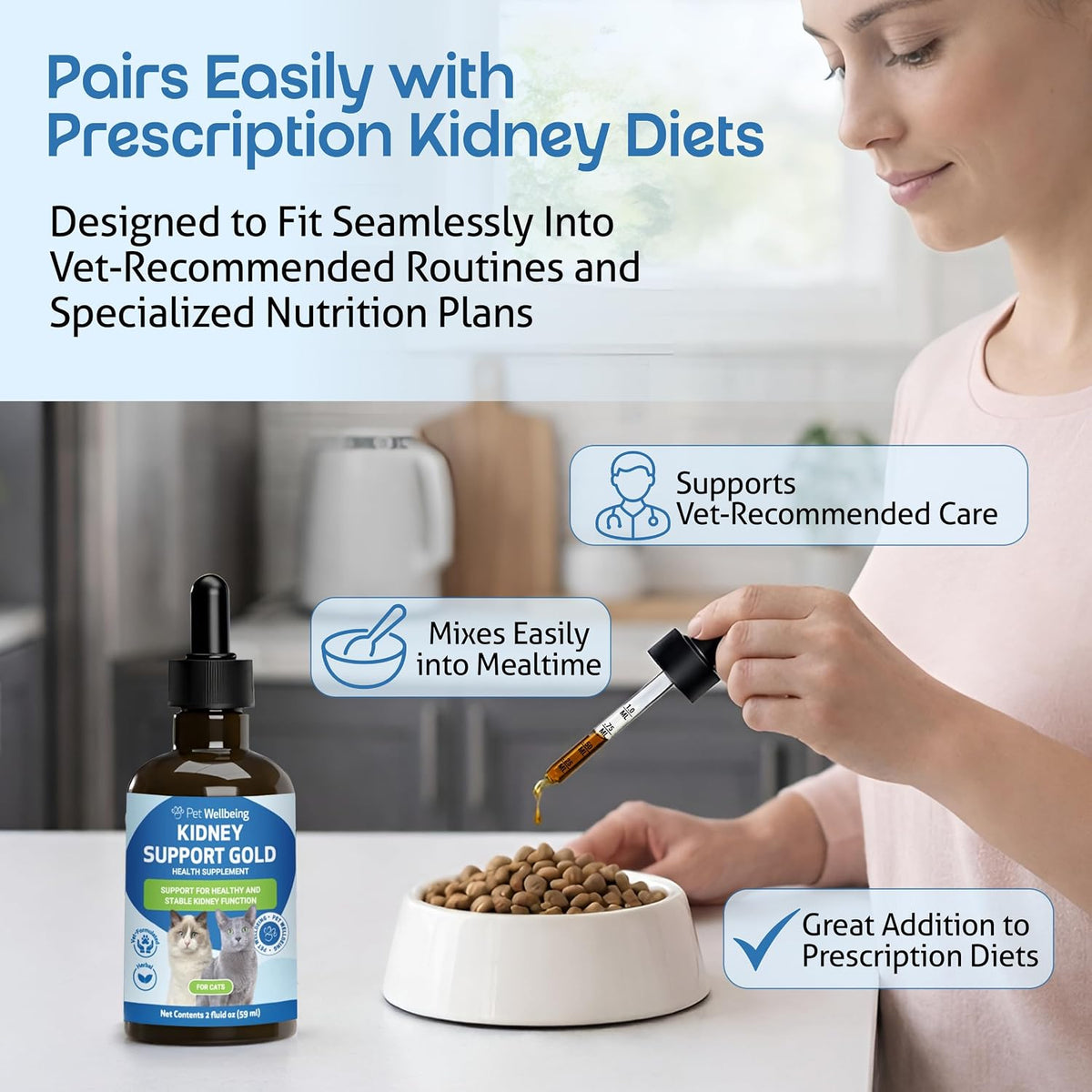 Pet Wellbeing USA sourced cat supplement packaging lifestyle layout