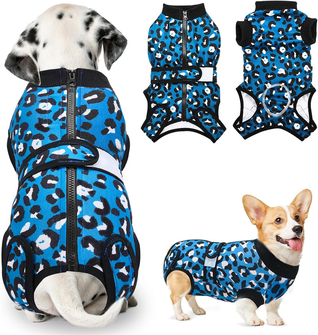 SlowTon dog surgical onesie in small size laid flat to show full coverage design.