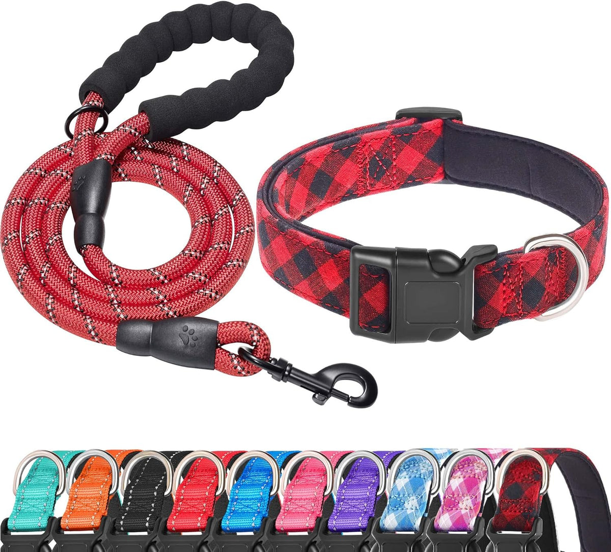 Ladoogo Reflective Dog Collar Padded with Soft Neoprene Breathable Adjustable Nylon Dog Collars for Small Medium Large Dogs (Medium (Pack of 1), Blue Collar+Leash) - Image 14