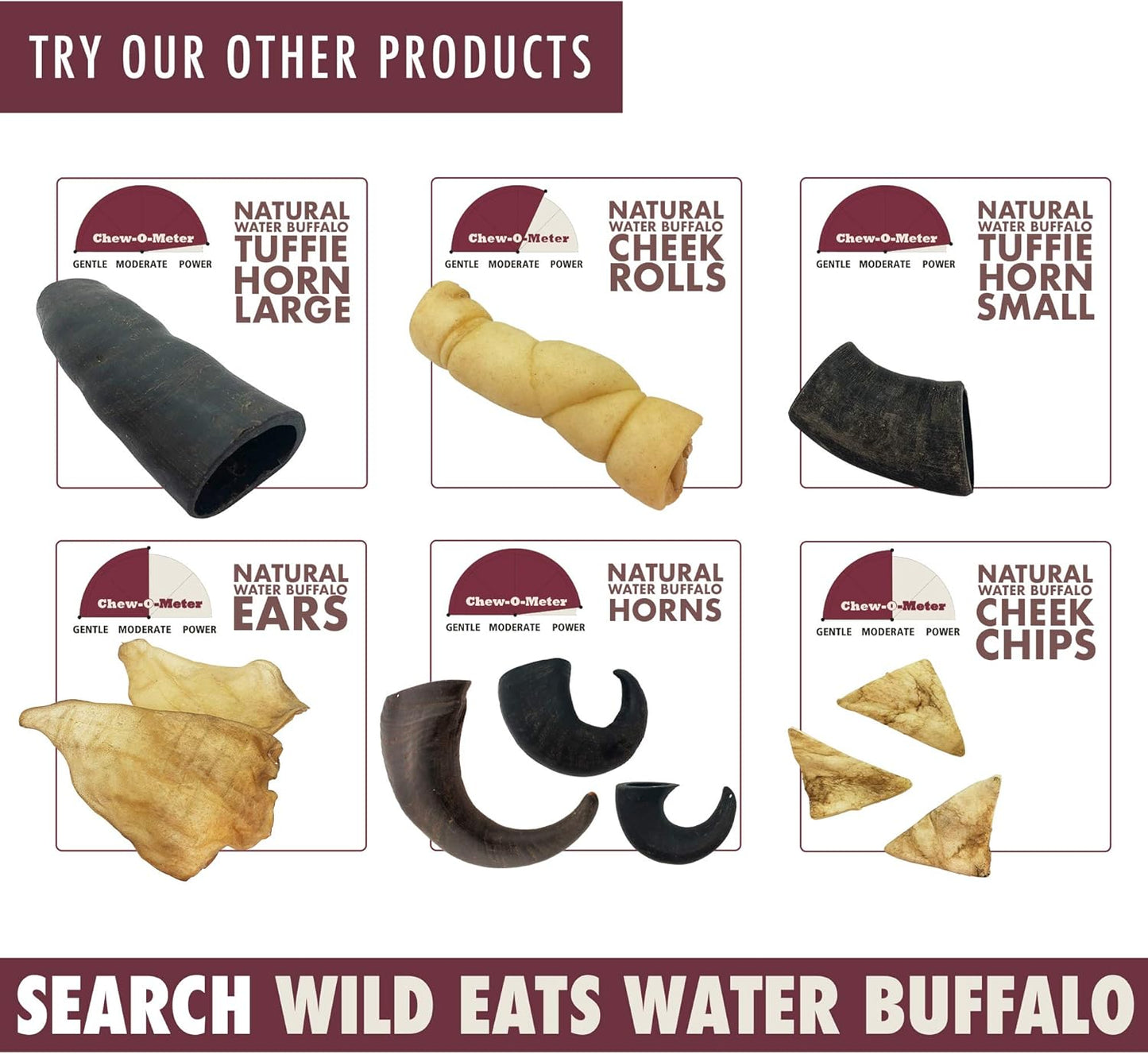 A collection of 100 percent natural grass fed water buffalo cheek rolls and chips