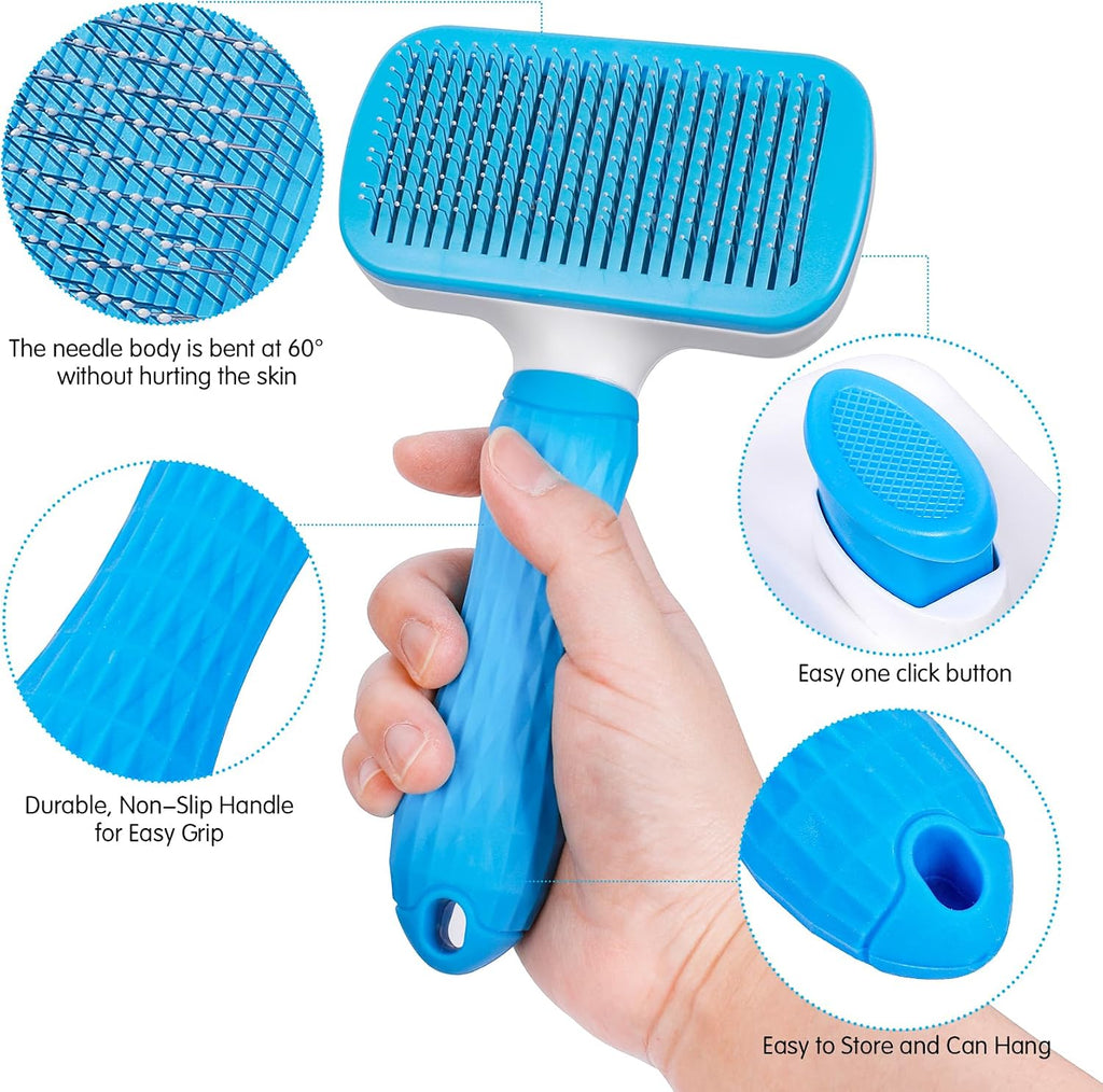 PWOD dog and cat deshedding comb being cleaned via the one touch button
