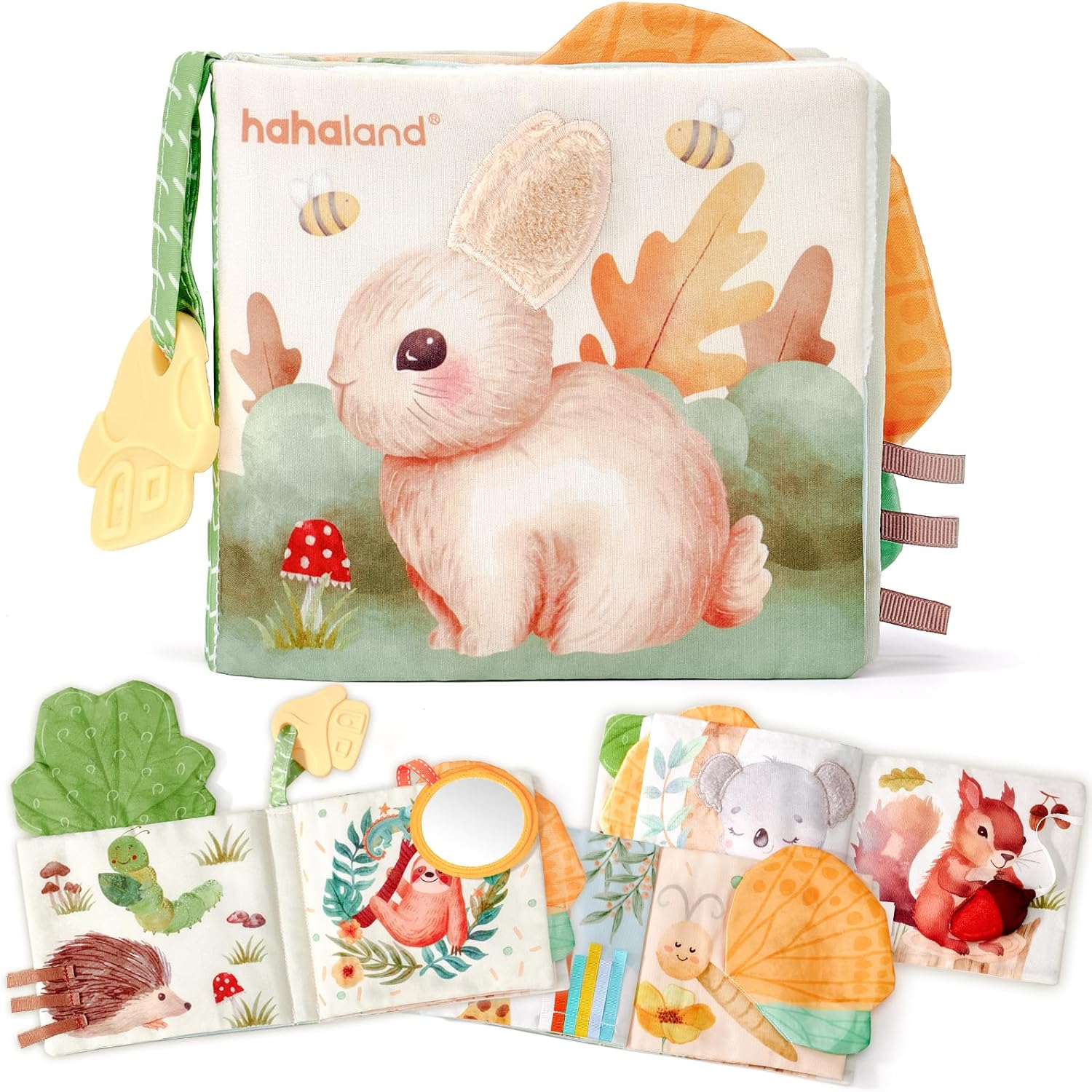 Hahaland soft sensory baby book front view featuring cute bunny