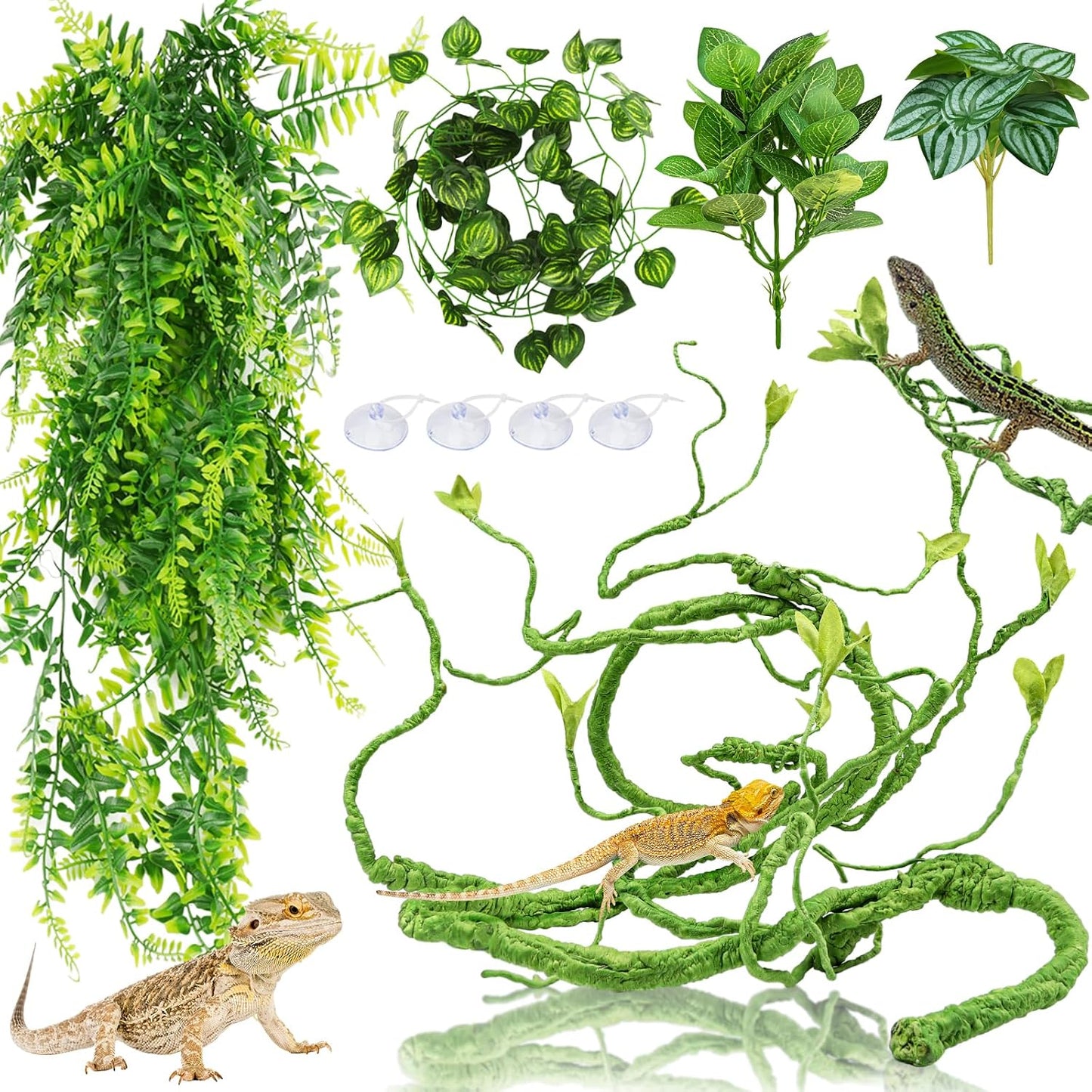 Quozuo Bearded Dragon Tank Accessories kit featuring vines and hanging leaves.