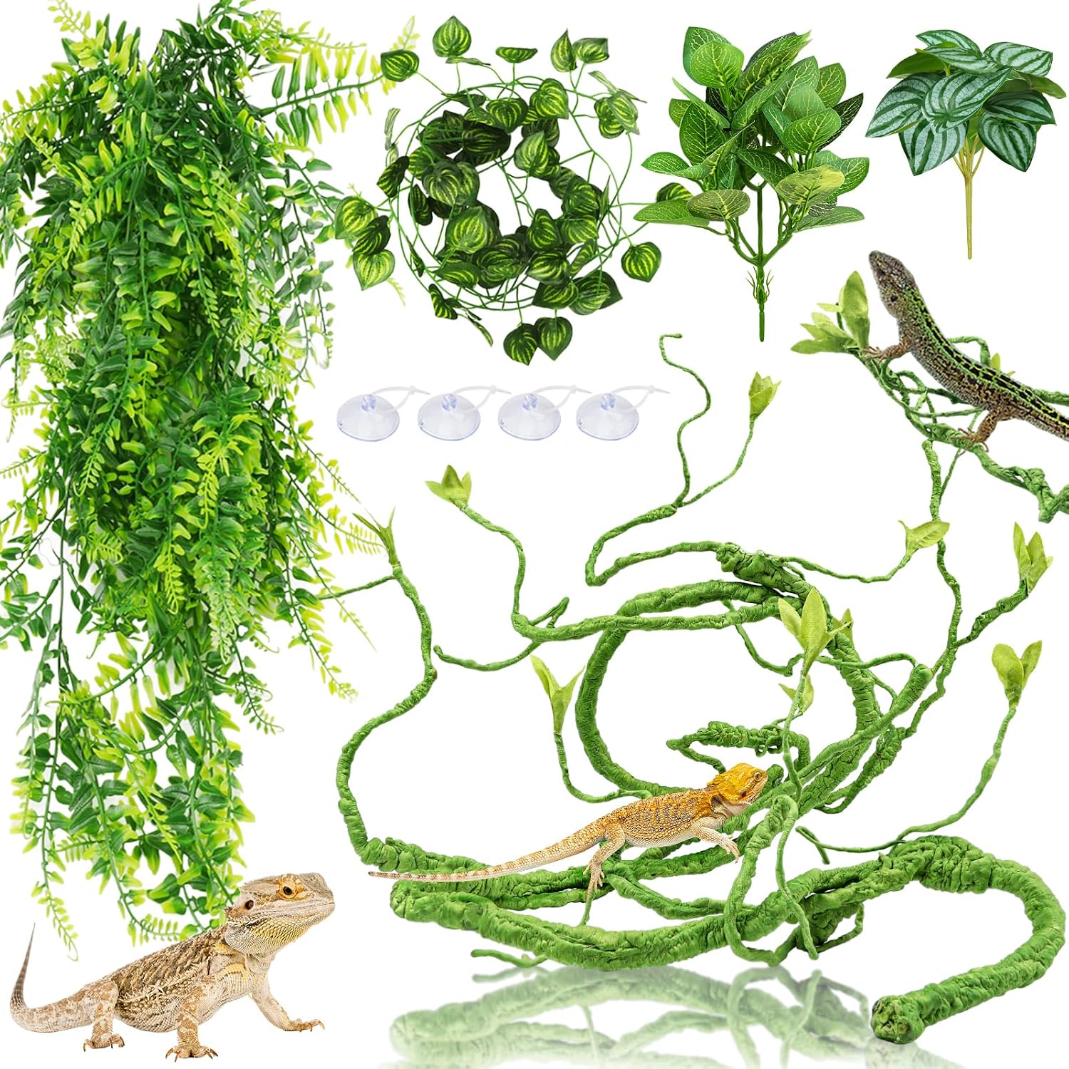 Quozuo Bearded Dragon Tank Accessories kit featuring vines and hanging leaves.