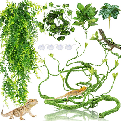 Quozuo Bearded Dragon Tank Accessories kit featuring vines and hanging leaves.