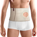 ORTONYX Abdominal Ostomy Belt front view showcasing the stretchable beige fabric and the reinforced circular stoma hole