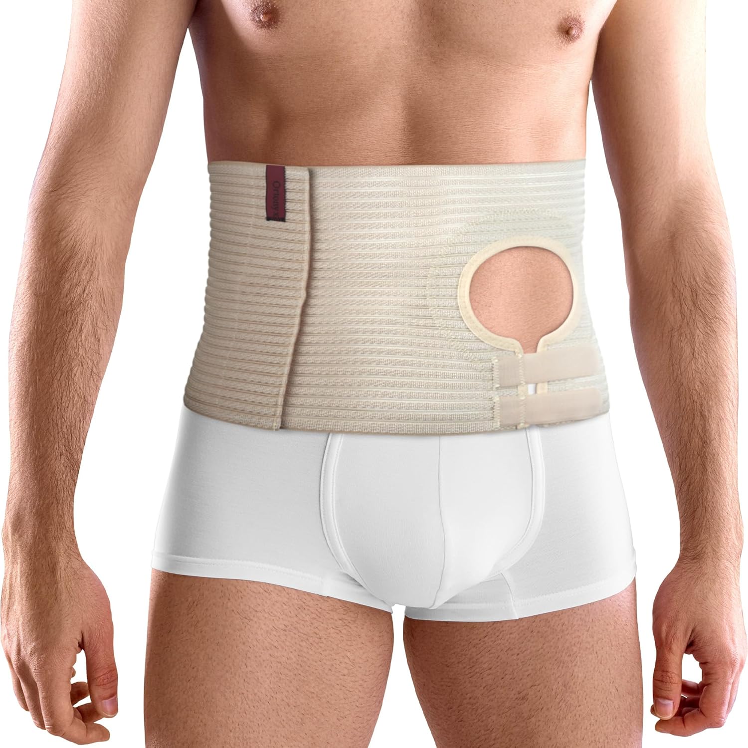 ORTONYX Abdominal Ostomy Belt front view showcasing the stretchable beige fabric and the reinforced circular stoma hole