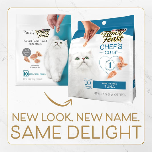 Close up of hand-flaked tuna cat treats in portion pouch