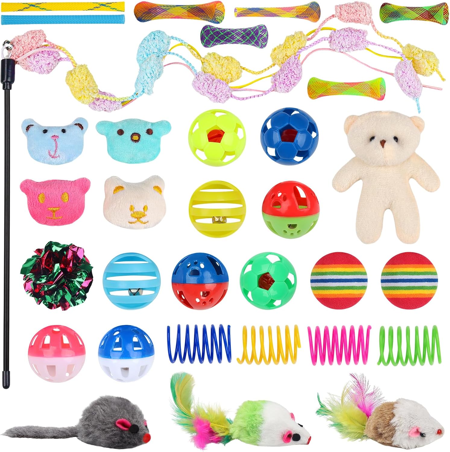 Assorted colorful kitten spring toys and crinkle balls arranged flat on a neutral background
