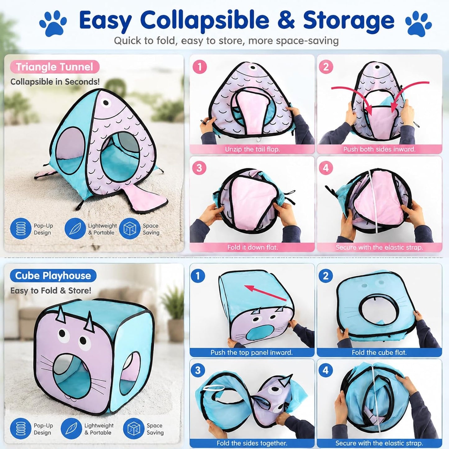 Interactive peek-a-boo holes on the sides of the blue modular cat cube