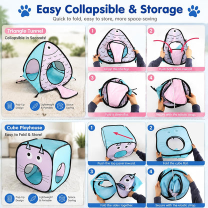 Interactive peek-a-boo holes on the sides of the blue modular cat cube