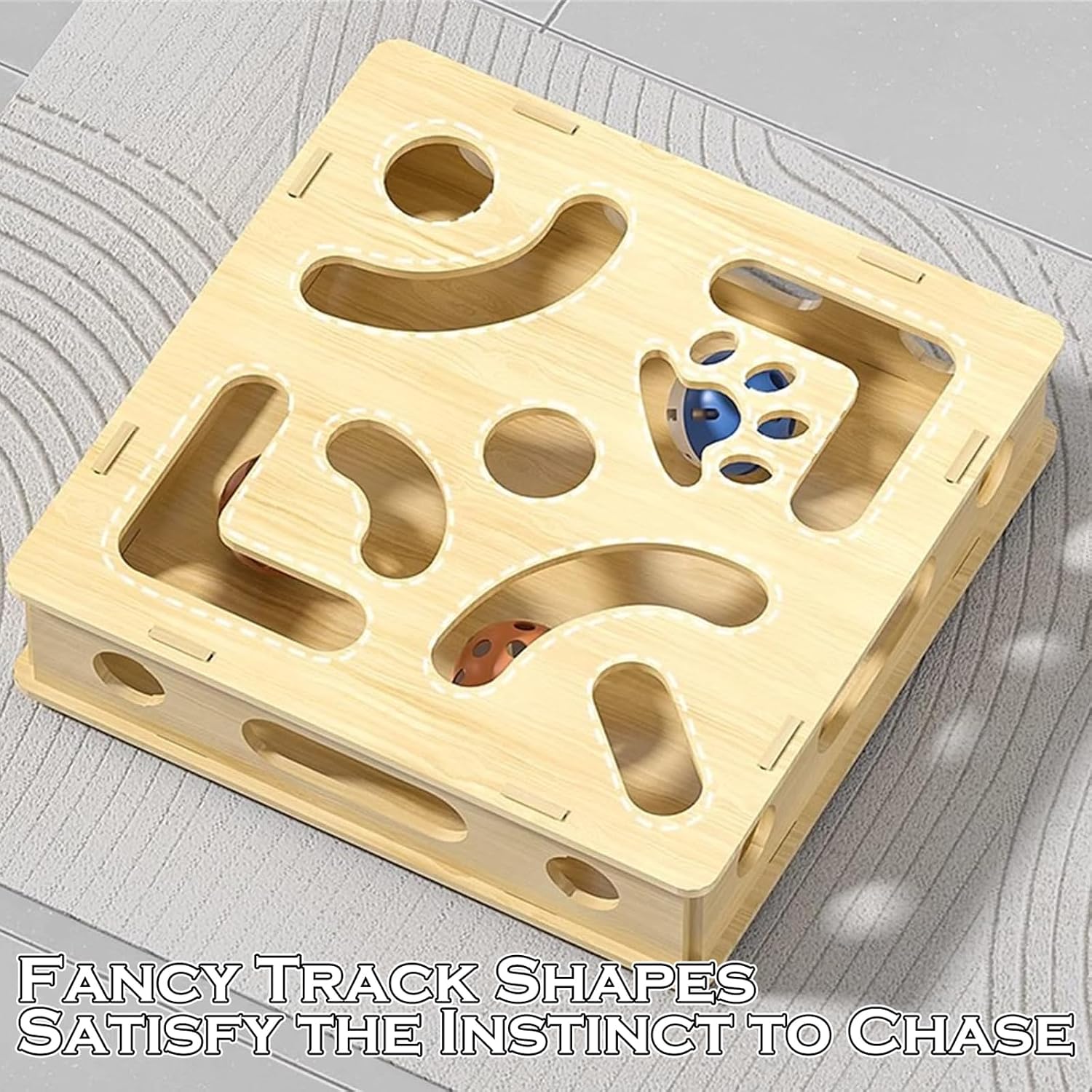 CHIZISX Interactive Cat Box close up of internal bell balls and abrasive sandpaper lining.