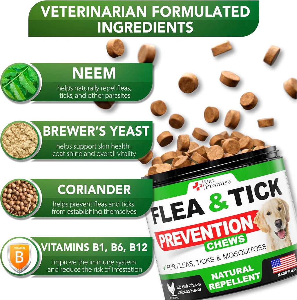 Close up of Vet Promise chicken flavored flea and tick defense soft chews