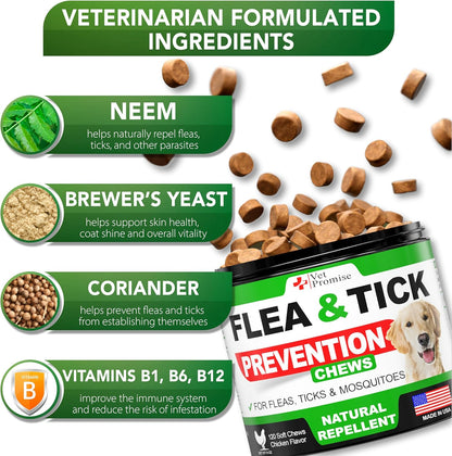 Close up of Vet Promise chicken flavored flea and tick defense soft chews