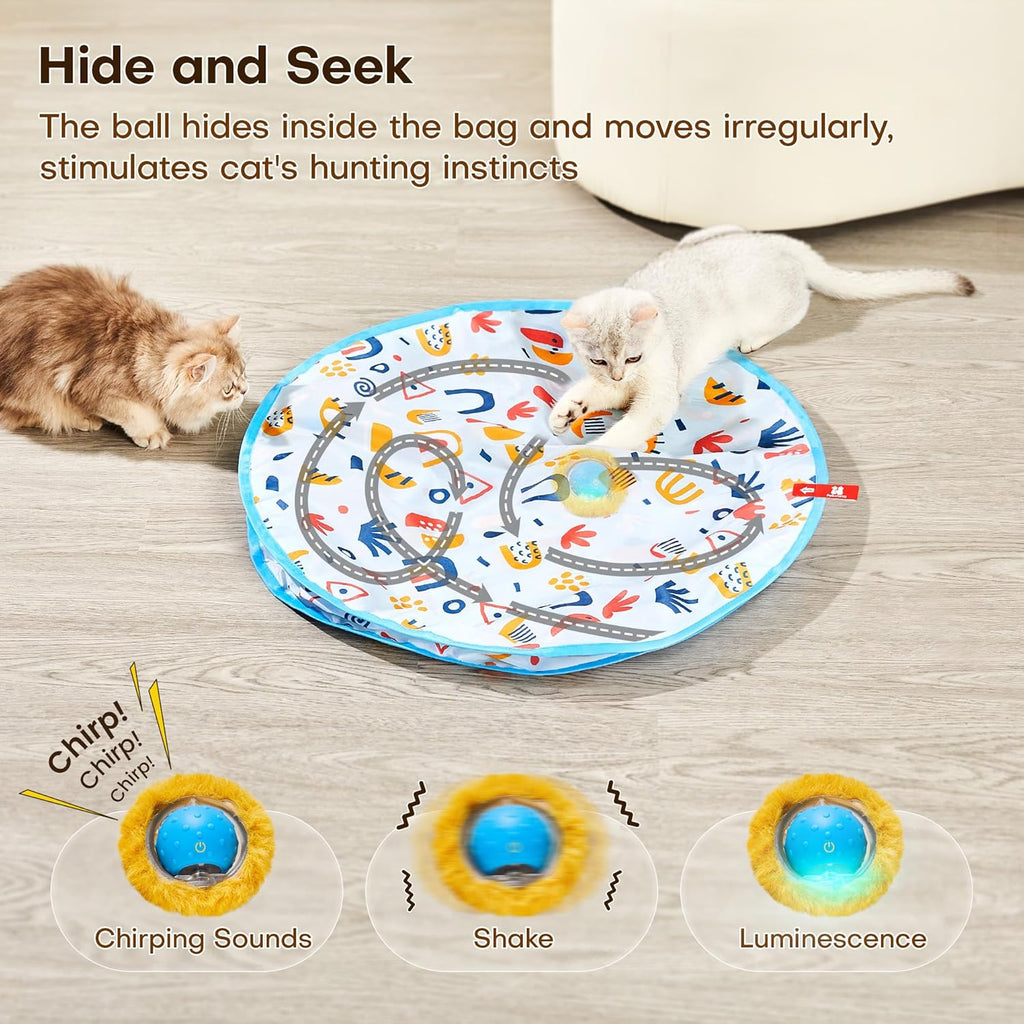 Close up of Potaroma electronic cat toy ball and mat