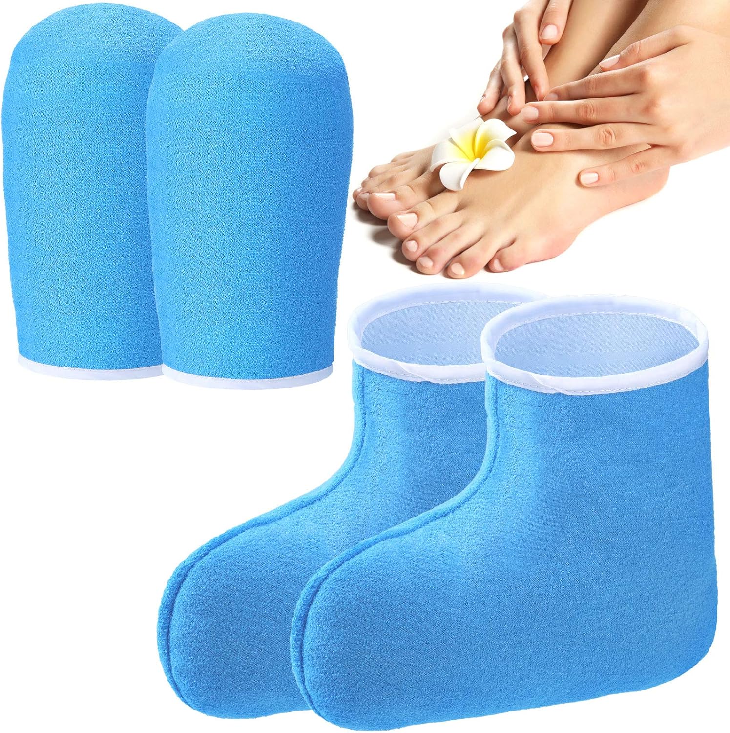 Geyoga paraffin wax mitts and booties front view of blue terry cloth spa gloves for hand and foot care.