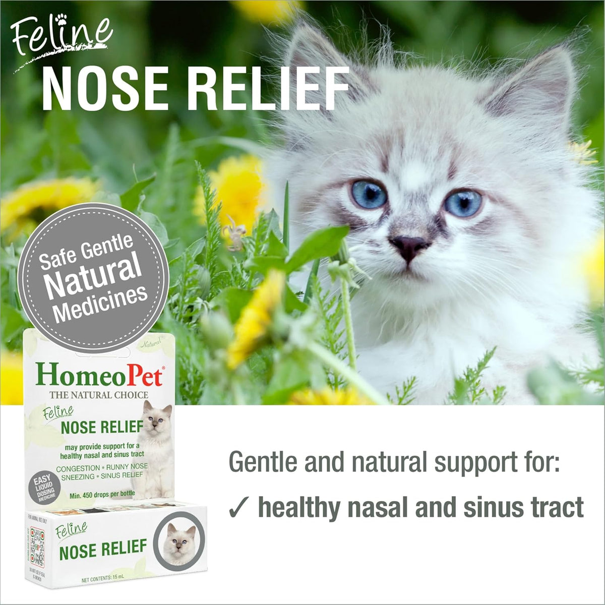 HomeoPet Feline Nose Relief natural cat sinus supplement back label details.