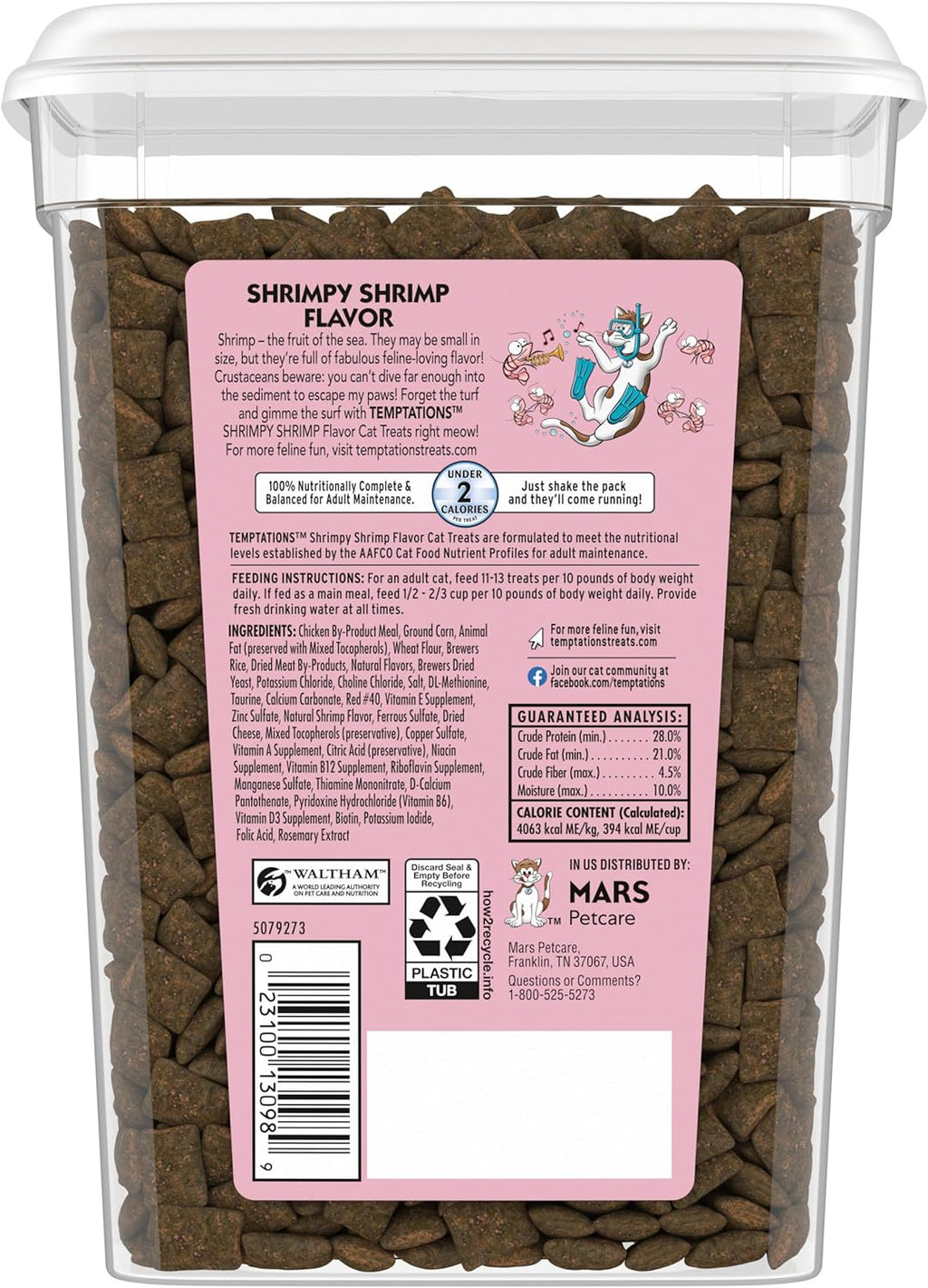 Close up of Temptations Shrimpy Shrimp cat treats dual-texture design