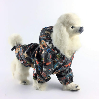 FunnyDogClothes waterproof pet apparel highlighting the adjustable hem drawstring closure.
