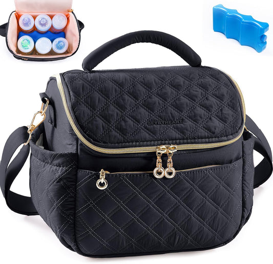 Sfybyheart breastmilk cooler travel bag front view with gold zippers.