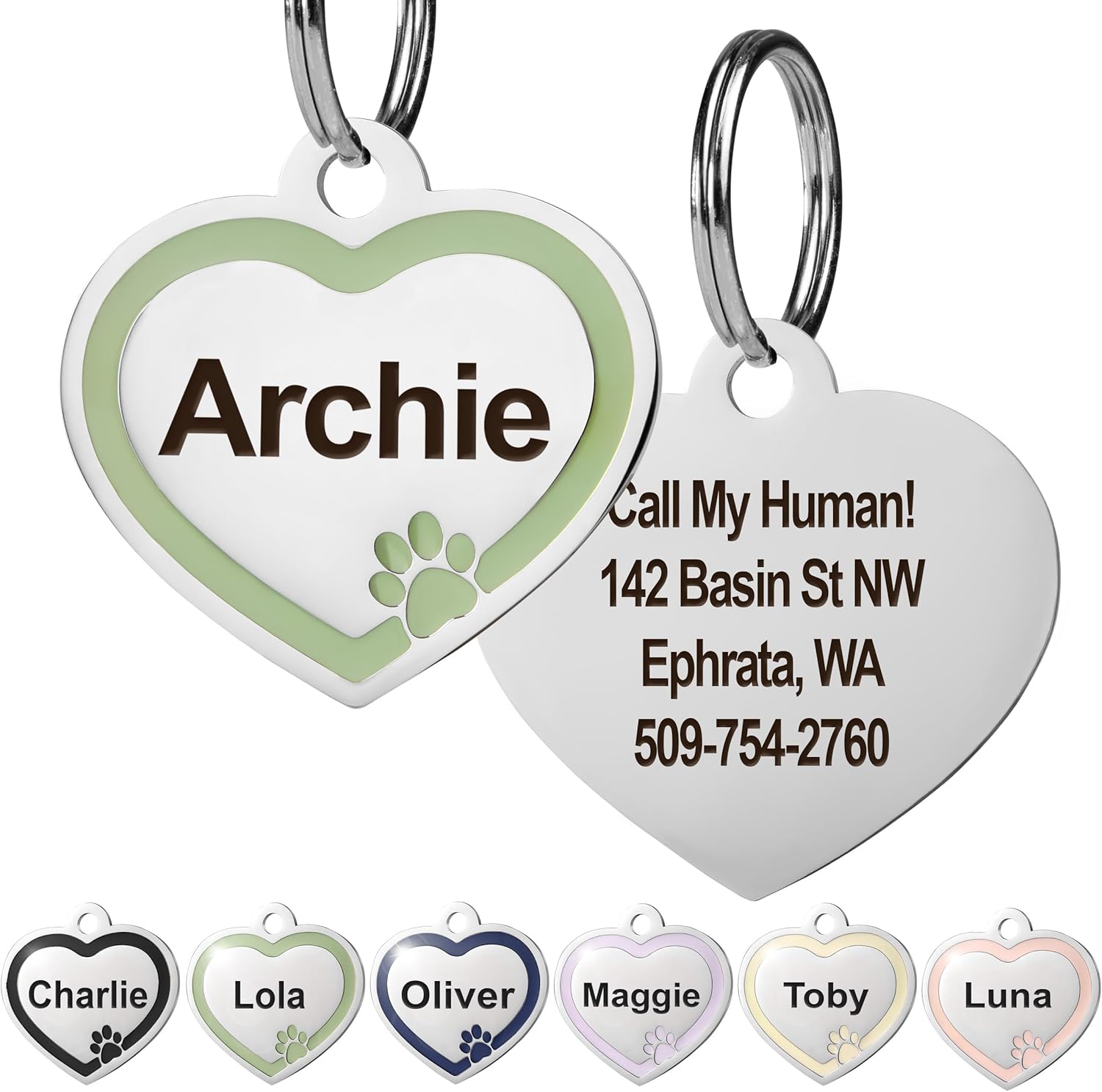 GoTags Stainless Steel Pet ID Bone Round and Heart Shaped Tags with Enamel Paw Design, Personalized Dog and Cat Tags, up to 5 Lines of Custom Text, Engraved on Both Sides (Sage, Regular Bone) - Image 11