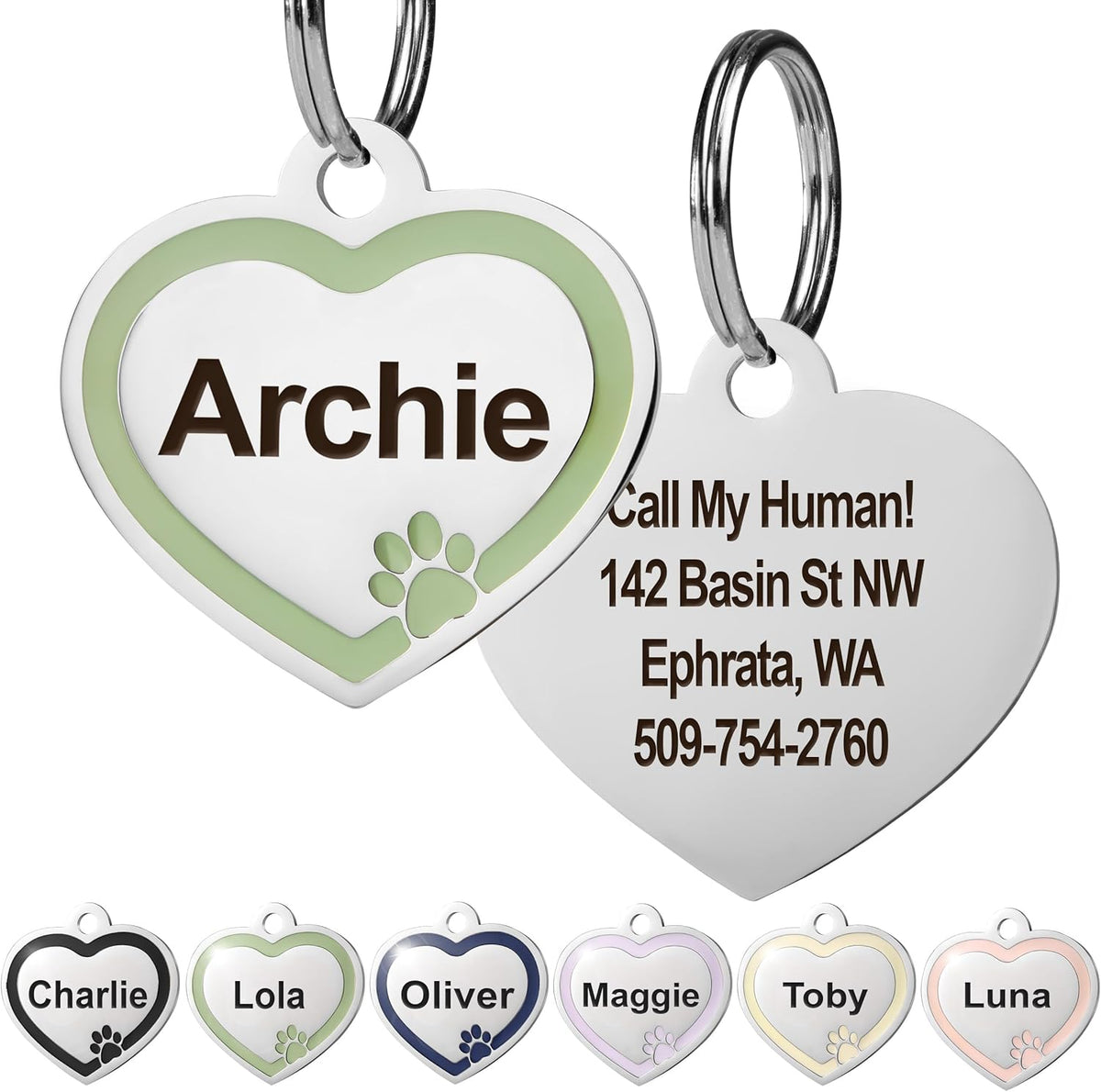 GoTags Stainless Steel Pet ID Bone Round and Heart Shaped Tags with Enamel Paw Design, Personalized Dog and Cat Tags, up to 5 Lines of Custom Text, Engraved on Both Sides (Sage, Regular Bone) - Image 11