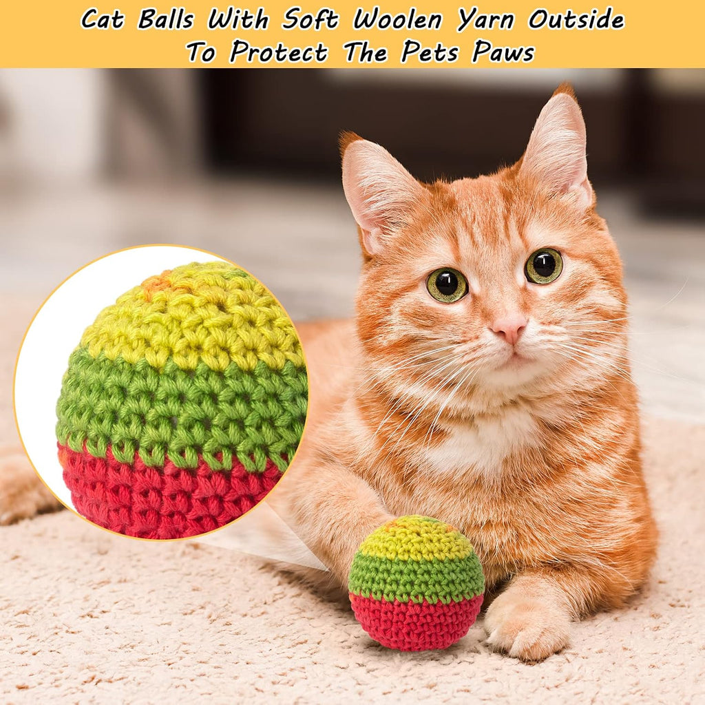 Handcrafted colorful cat balls with built-in jingle bells for indoor kitten play.