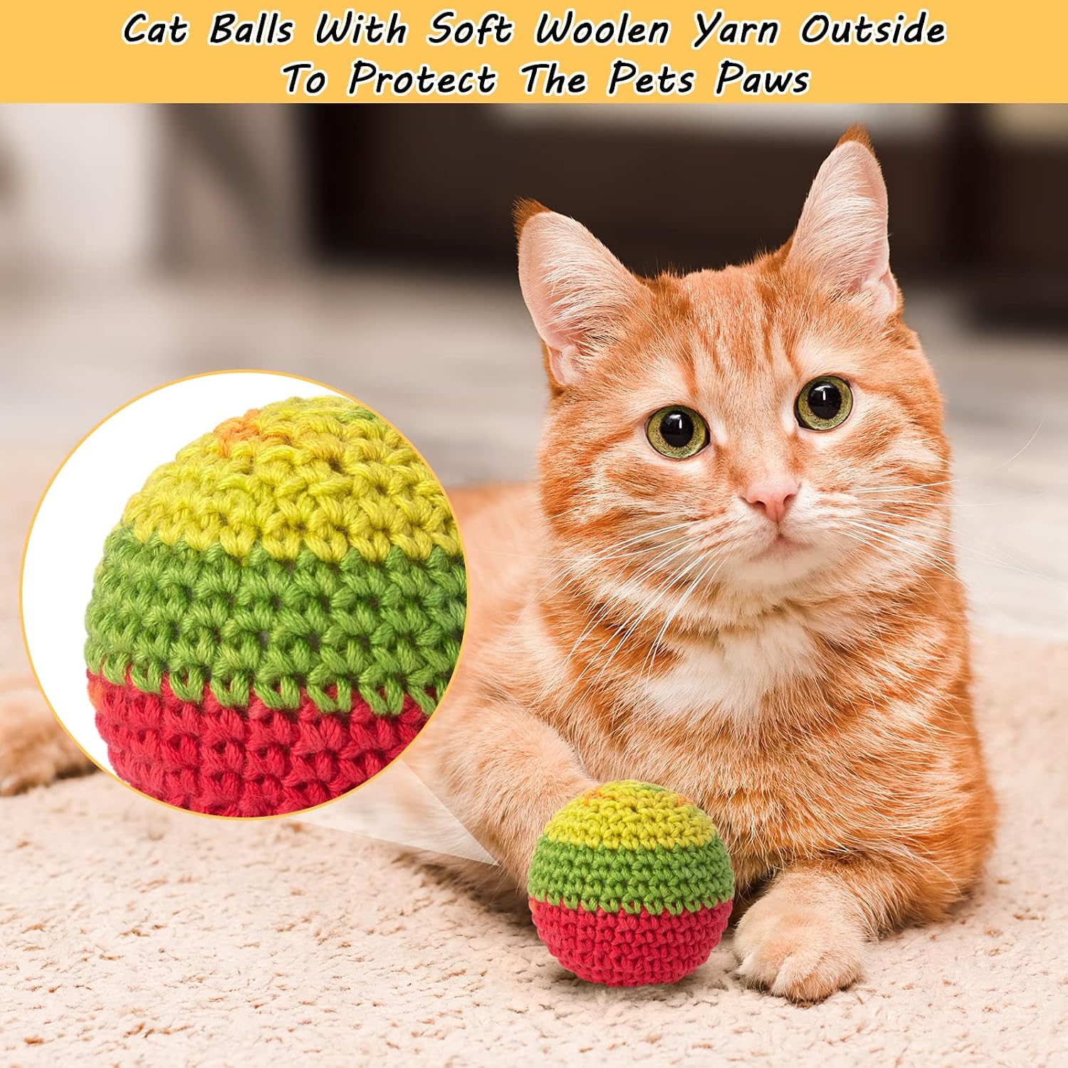 Handcrafted colorful cat balls with built-in jingle bells for indoor kitten play.