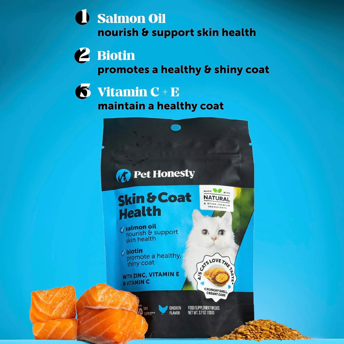 Pet Honesty Omega 3 cat supplement for itchy dry skin relief close up.