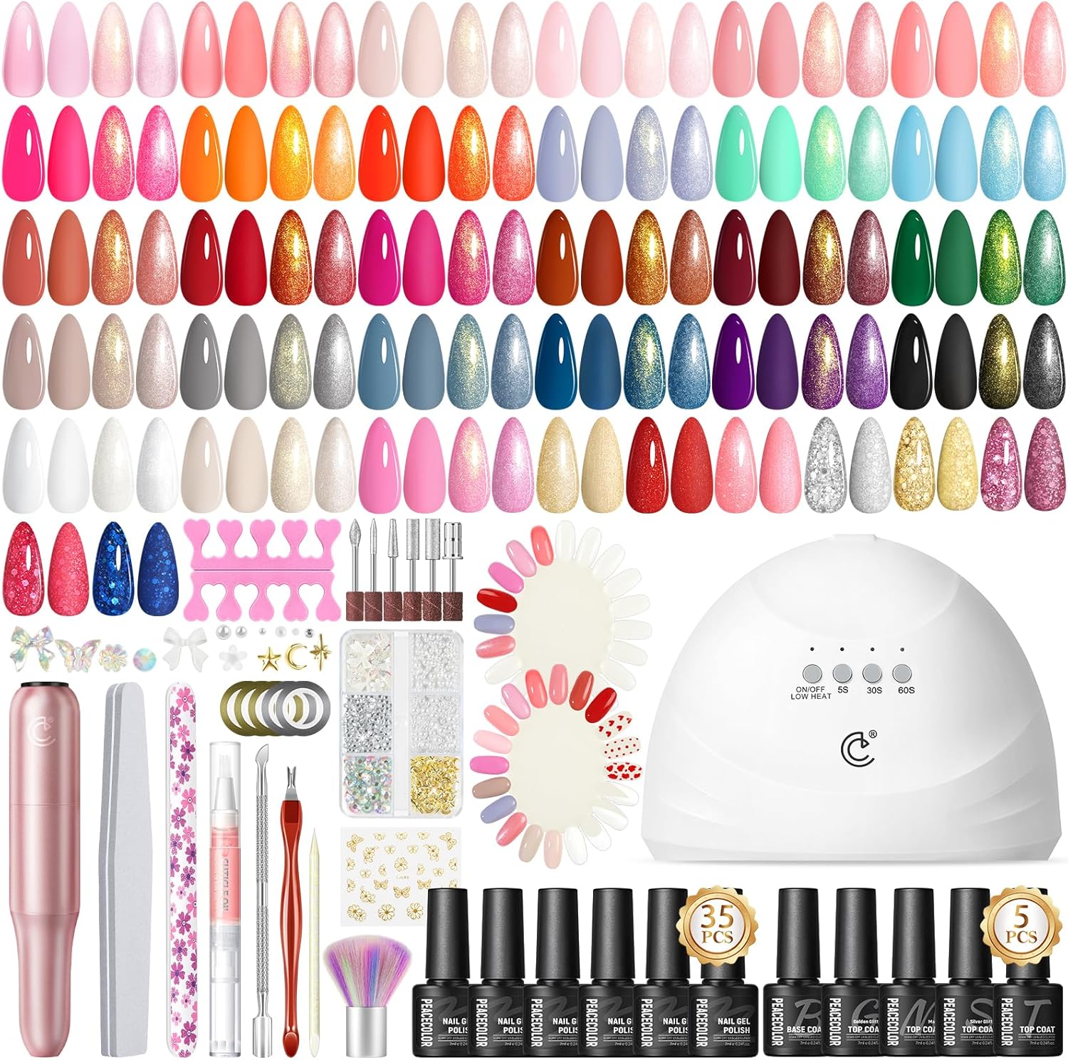 Peacecolor 65 piece gel nail polish kit with UV lamp front view