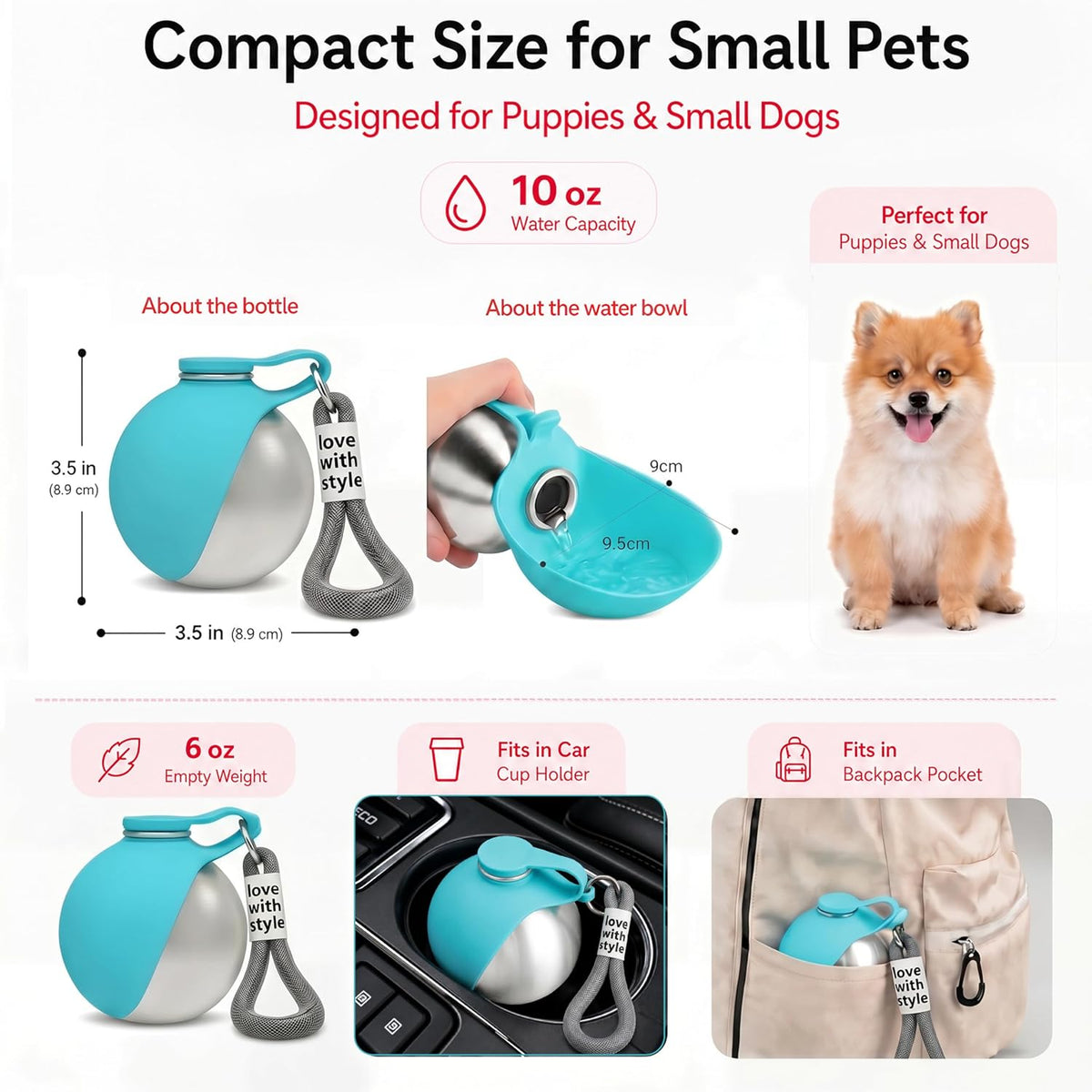 Stainless steel compact small dog canteen with flipped up drinking basin