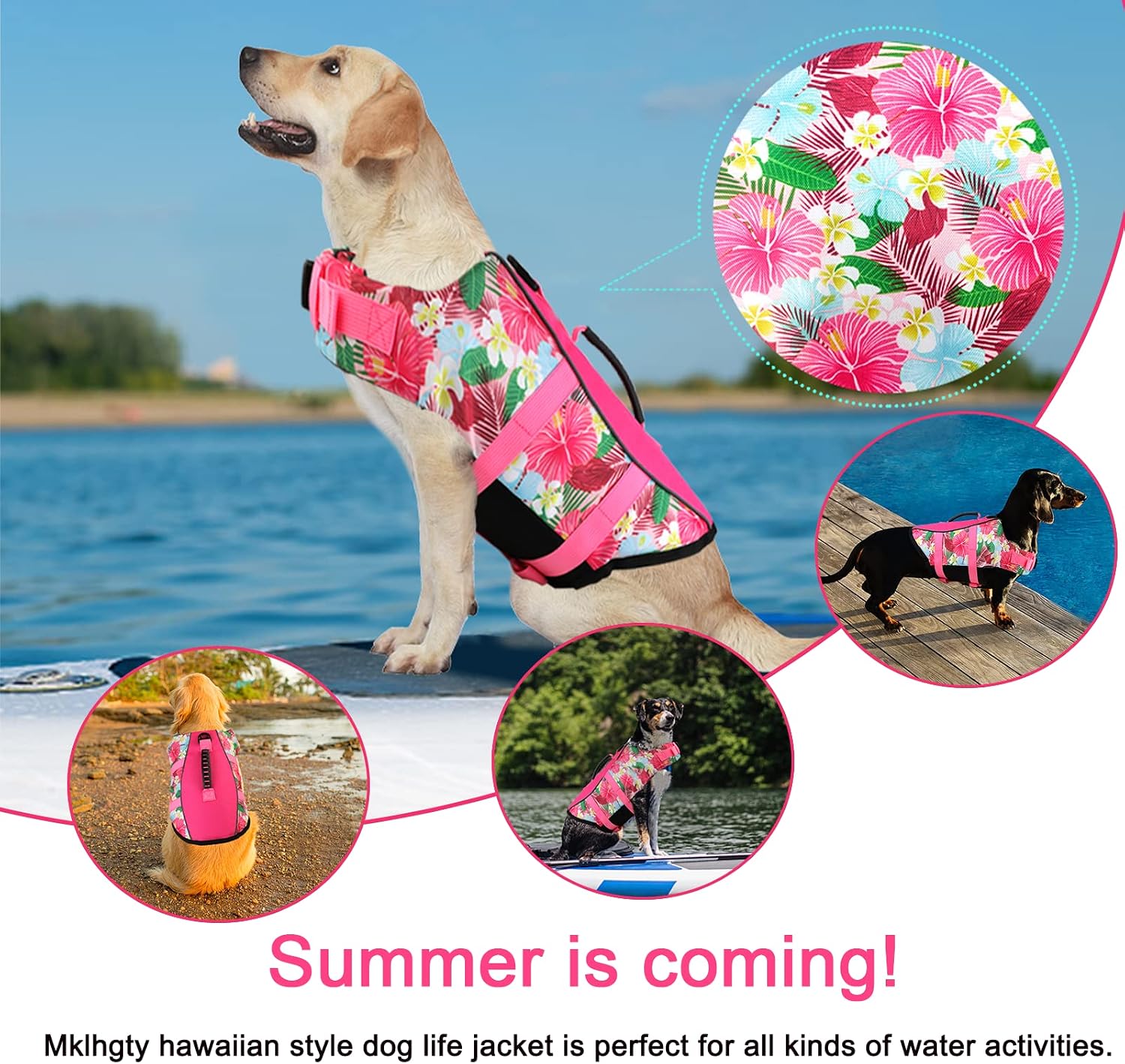 Mklhgty high flotation pet jacket worn by a dog swimming safely in a pool.